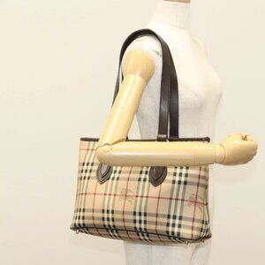 BURBERRY Nova Check Tote Bag PVC Leather Beige Gold Auth